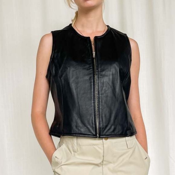 Vintage 90s Valerie Stevens New Zealand Lambskin Lamb Leather Black Moto Vest S - Picture 4 of 9